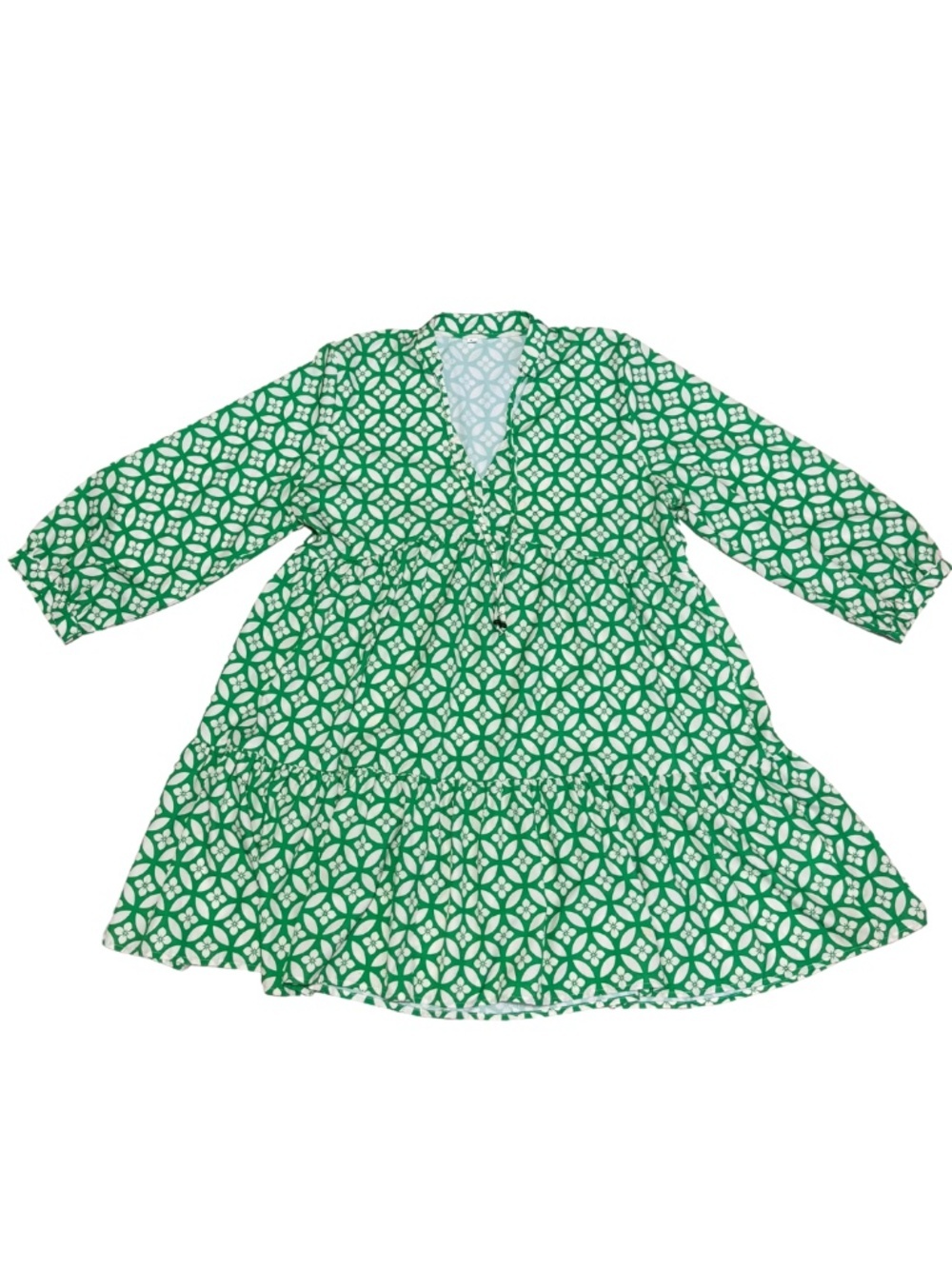 (NWOT) SHEIN Green White Geo Floral Smock Mini Dress Ruffle Hem Large